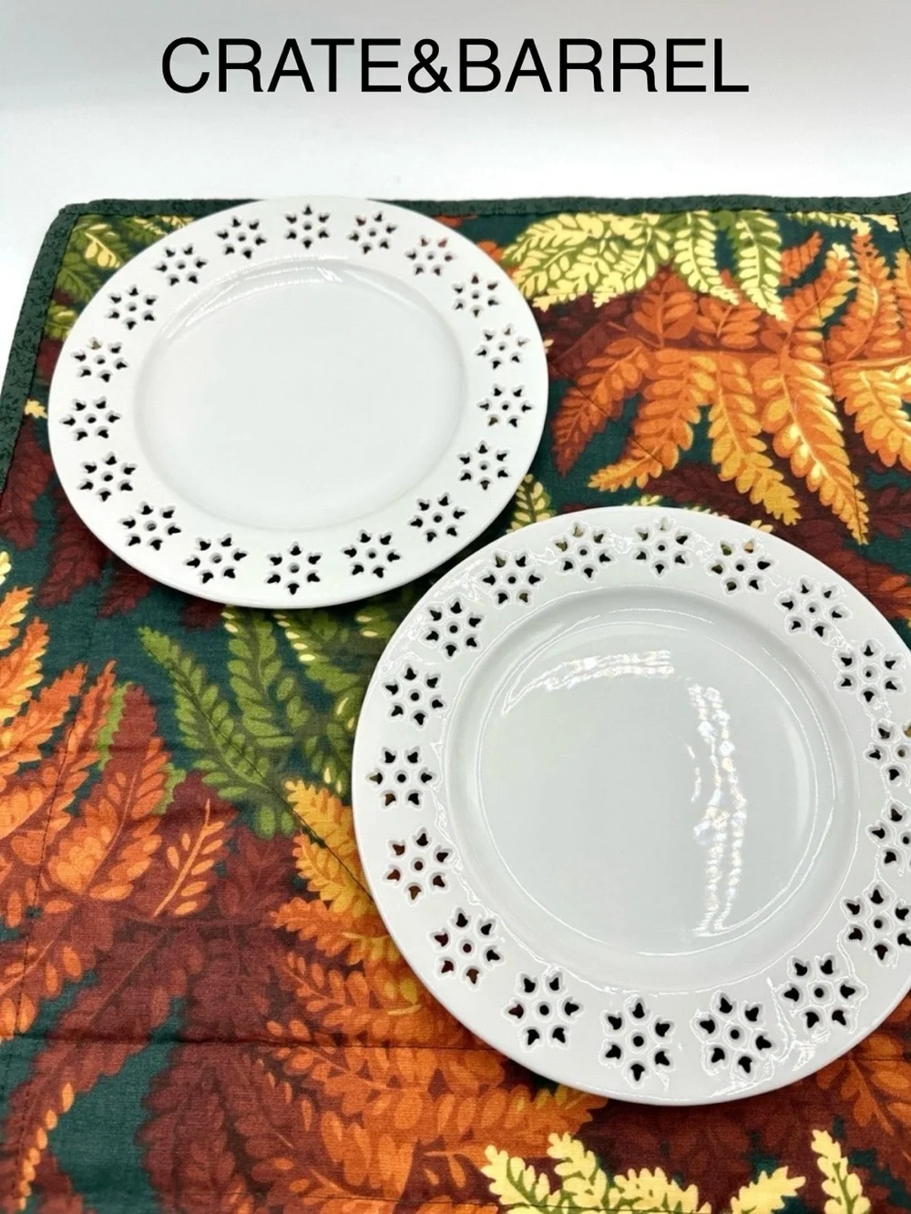 2 Crate&Barrel Snowflake Lace, Reticulated Dessert Plates. 7.75”